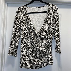 Women’s Talbots Medium White & Black Faux Wrap V-Neck 3/4 Blouse